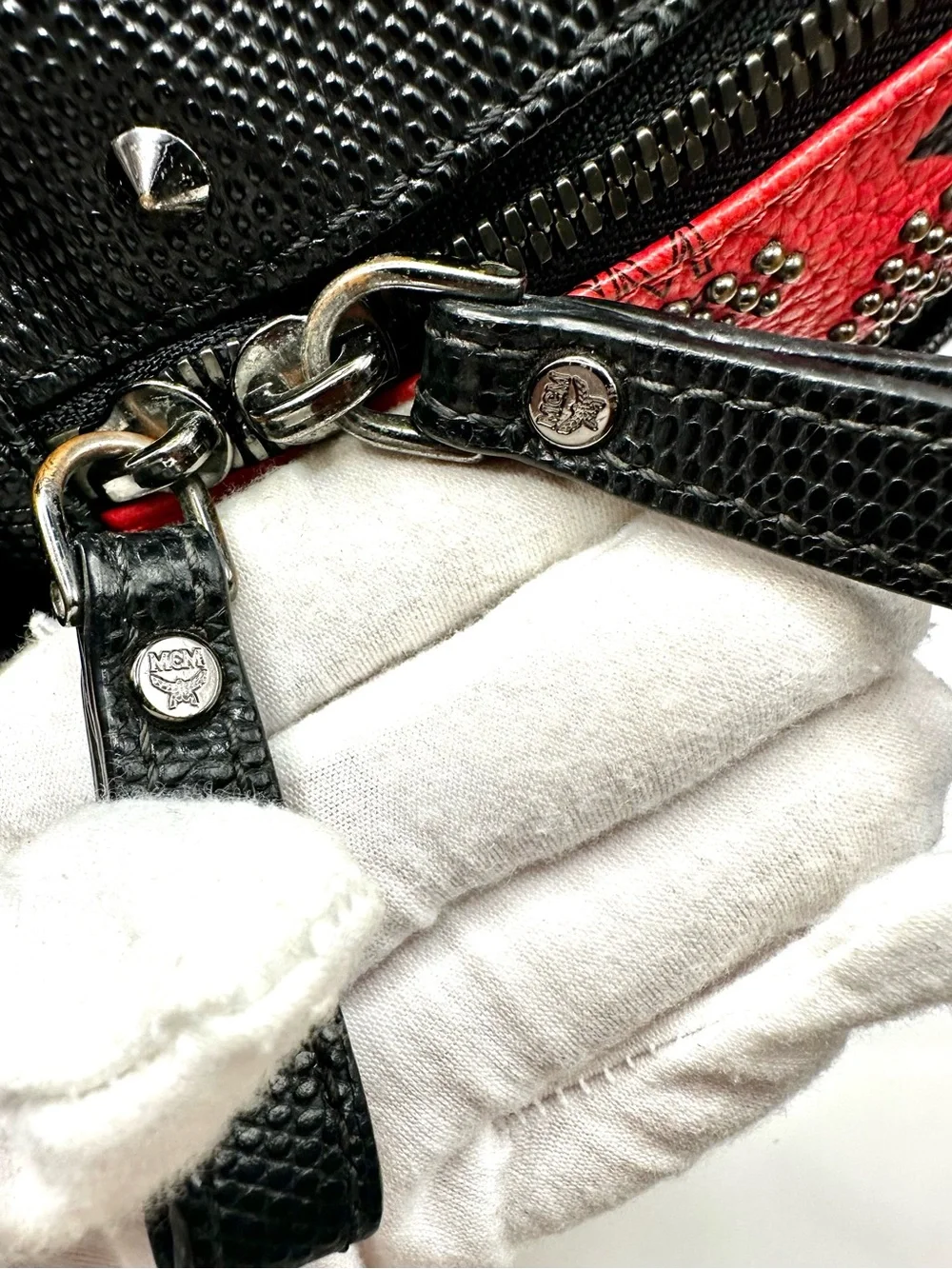 MCM Stark Red Leather Studded Backpack with Black Trim